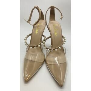 Lulus Pearsie Light Nude Vinyl Pearl Studded Ankle Strap Pumps Size 8